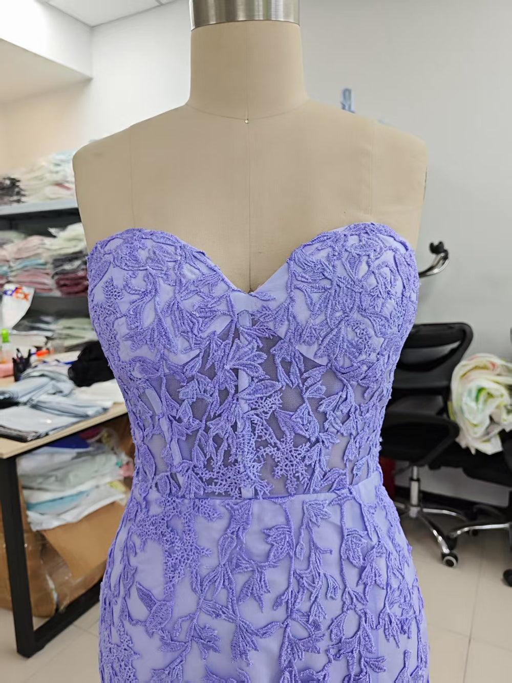 Vestido de fiesta largo morado con escote corazón y encaje de sirena, vestido formal PSK365