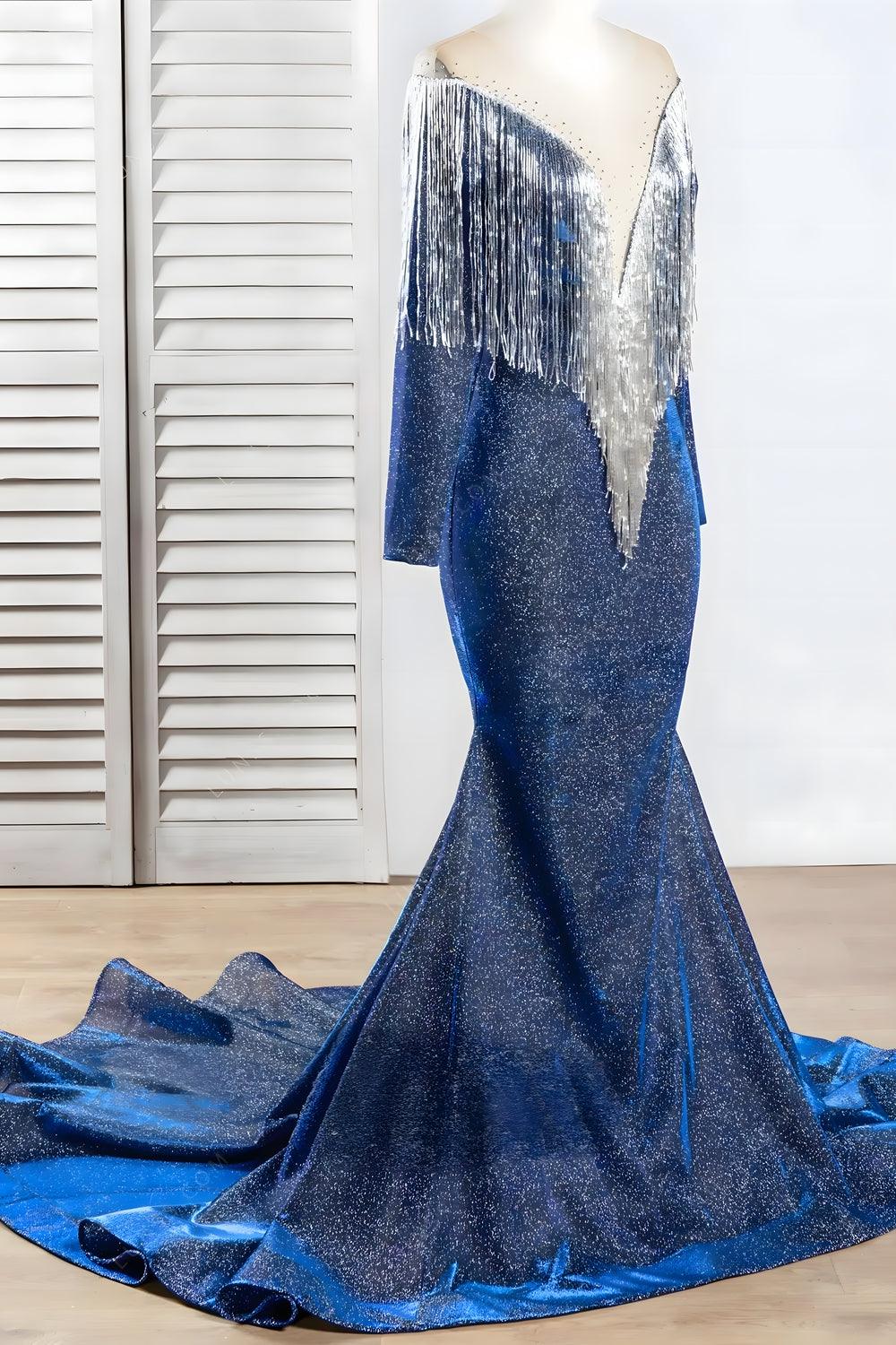Vestido de fiesta juvenil de lujo con cola de sirena, manga larga, borlas azules brillantes