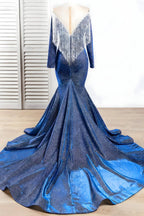 Vestido de fiesta juvenil de lujo con cola de sirena, manga larga, borlas azules brillantes