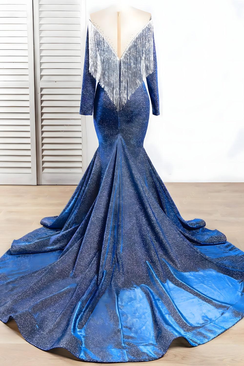 Vestido de fiesta juvenil de lujo con cola de sirena, manga larga, borlas azules brillantes