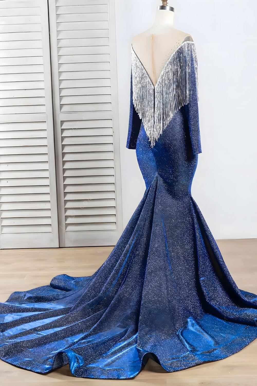 Vestido de fiesta juvenil de lujo con cola de sirena, manga larga, borlas azules brillantes
