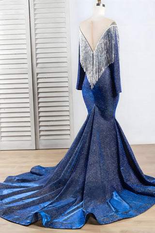 Luxury Mermaid Long Sleeve Shiny Blue Tassels Junior Prom Dresses with Court Train