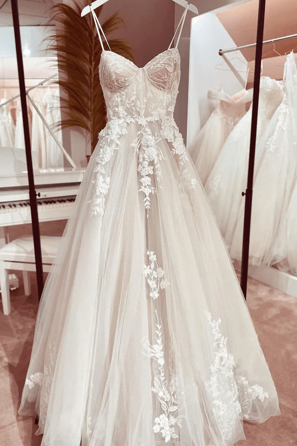 NumberSea Princess Lace Wedding Dress Bridal Robe  Vestido Spaghetti Straps Chapel Train Champagne Tulle Wedding Gown NumberSea