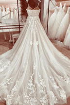 NumberSea Princess Lace Wedding Dress Bridal Robe  Vestido Spaghetti Straps Chapel Train Champagne Tulle Wedding Gown NumberSea