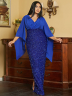 Mermaid / Trumpet Wedding Guest Dresses Plus Size Dress Cocktail Party Black Tie Floor Length Long Sleeve V Neck Fall Wedding Guest Sequined with Glitter Slit