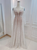 Vestido de novia NumberSea con encaje brillante, corte A, escote en V profundo, mangas largas transparentes, MW572