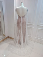 Vestido de novia NumberSea con encaje brillante, corte A, escote en V profundo, mangas largas transparentes, MW572