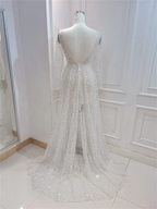 Vestido de novia NumberSea con encaje brillante, corte A, escote en V profundo, mangas largas transparentes, MW572