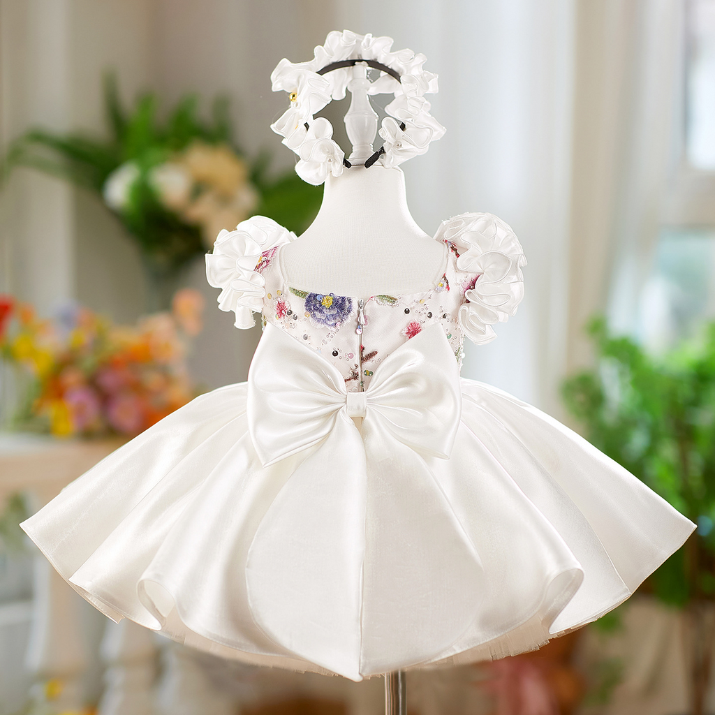 Vestido rosa para niña con bordado floral, lentejuelas y tul hasta la rodilla 