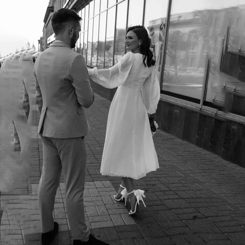 NumberSea Little White Dresses Wedding Dresses A-Line V Neck Long Sleeve Tea Length Chiffon Bridal Gowns With Pleats Solid Color