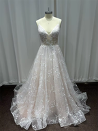 NumberSea Tulle A-line V-neck Spaghetti Straps Lace Appliques Wedding Dresses