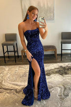 Vestido de fiesta sirena sin tirantes con lentejuelas largo con abertura