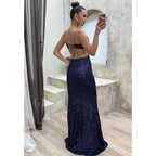 Vestido de noche largo con lentejuelas brillantes y tirantes finos 
