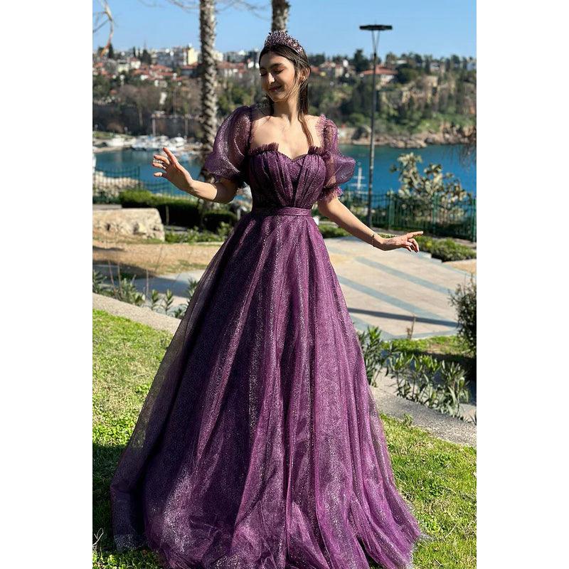 Glamouröses und dramatisches A-Linien-Kleid mit kurzen Ärmeln, schulterfrei, funkelndem Tüll, für formelle Partys und Abschlussbälle