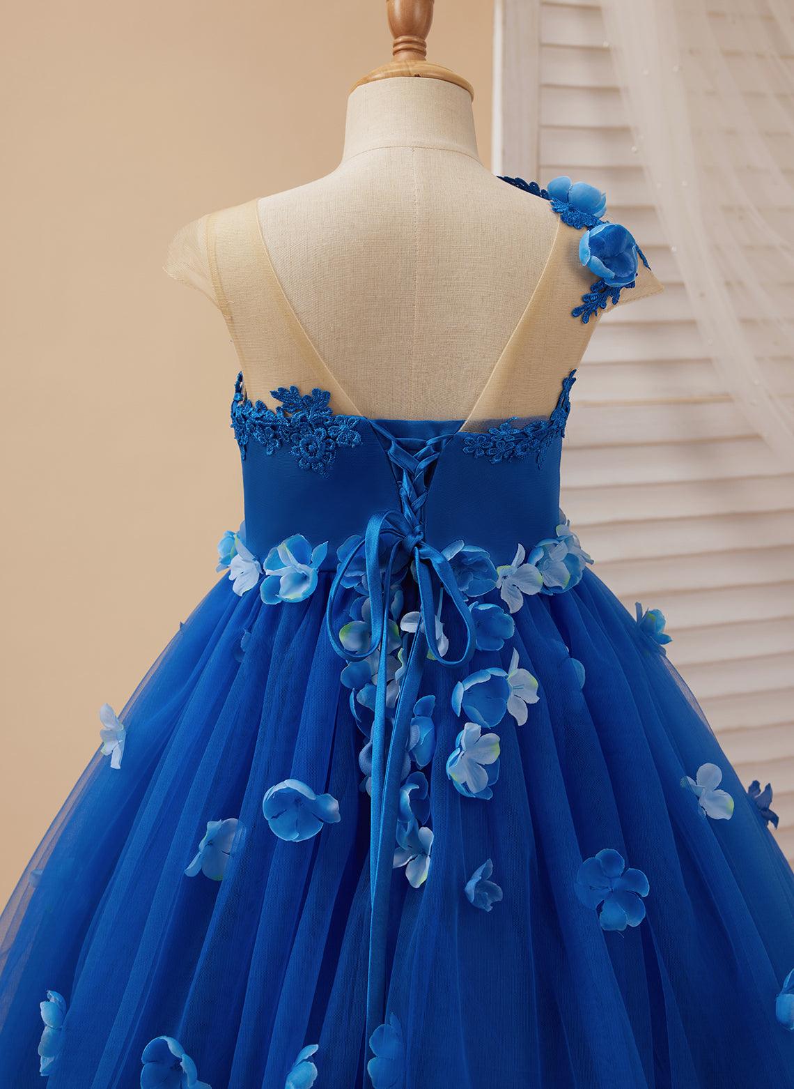 Vestido de princesa para niña de las flores con apliques y lazo azul real 