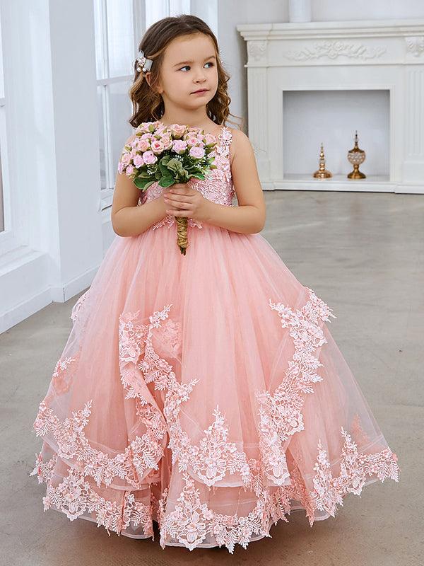 Vestido de princesa de tul sin mangas con apliques de encaje y cola larga para niñas 
