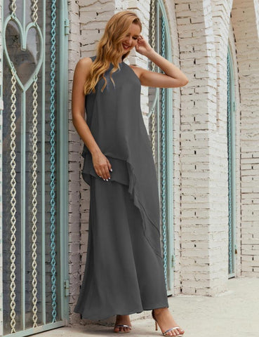 Chiffon Long Plus Size Mother Of Bride Dresses Formal Bridesmaid Prom Gown 28019 Iron Gray