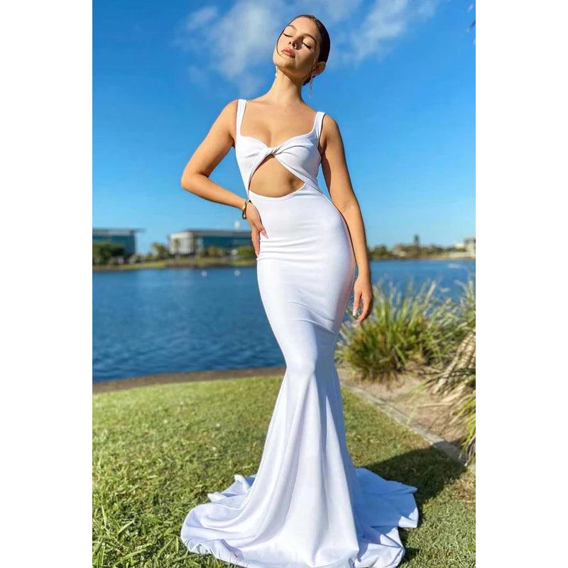 Vestido de fiesta largo con escote cuadrado, aberturas en la espalda y corte en forma de tubo