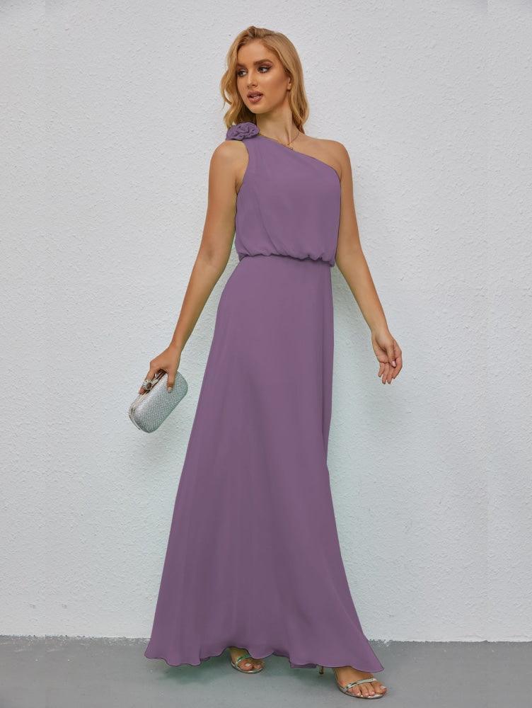 Ruffled One Shoulder Sleeveless Long Bridesmaid Dresses A-line Formal Evening Gown Side Split 28080-numbersea
