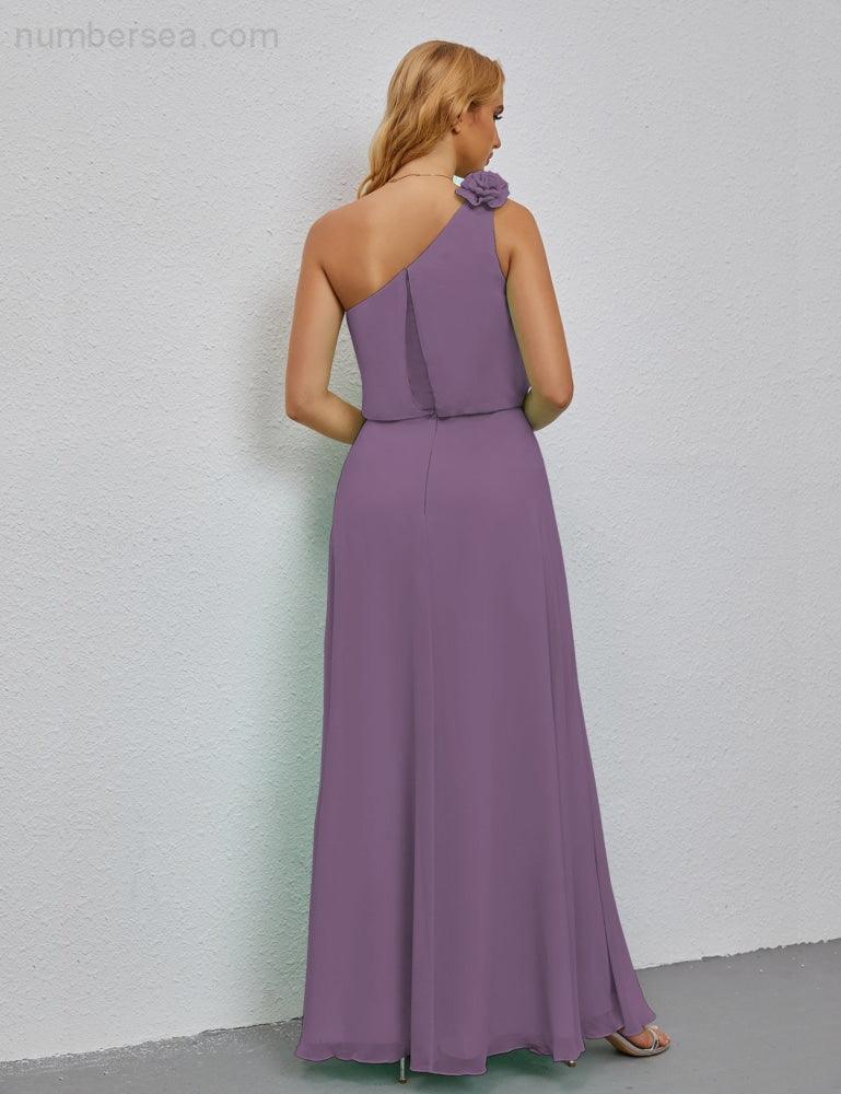 Ruffled One Shoulder Sleeveless Long Bridesmaid Dresses A-line Formal Evening Gown Side Split 28080-numbersea