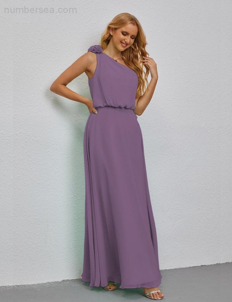 Ruffled One Shoulder Sleeveless Long Bridesmaid Dresses A-line Formal Evening Gown Side Split 28080-numbersea