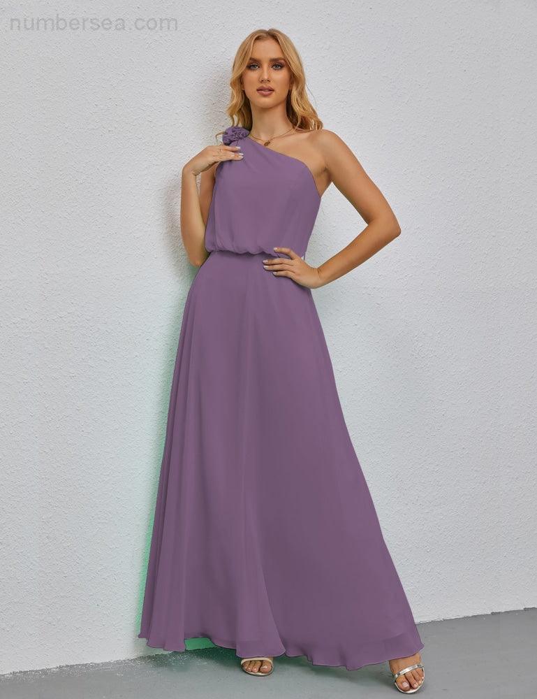 Ruffled One Shoulder Sleeveless Long Bridesmaid Dresses A-line Formal Evening Gown Side Split 28080-numbersea