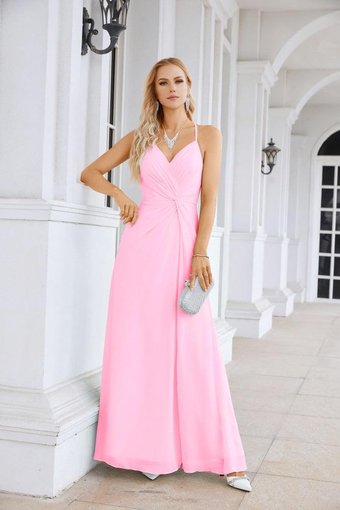 Ladies Chiffon Spaghetti Strap V Neck Front Slit Floor Length Bridesmaid Evening Dress Prom Party Wedding Evening Dress 28116-numbersea
