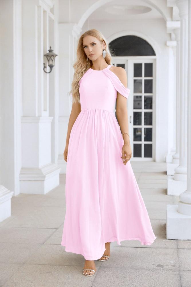Ladies Chiffon Off Shoulder Swing Sleeve Front Slit Bridesmaid Evening Dress Wedding Party Evening Dress 28117-numbersea