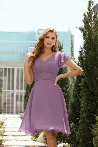 Neck Chiffon Bridesmaid Dresses Formal Cocktail Prom Gown Homecoming 28013 Mauve Mist