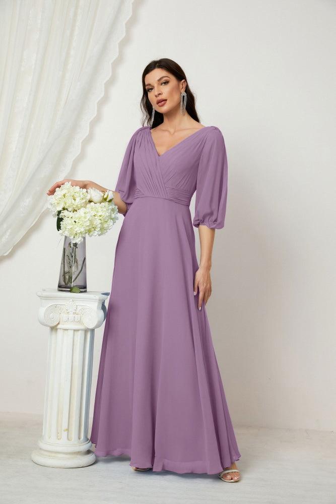 Numbersea Formal Prom Gown Women V-Neck Chiffon Bridesmaid Dresses Long Bishop Sleeve Party Dress 2807-numbersea