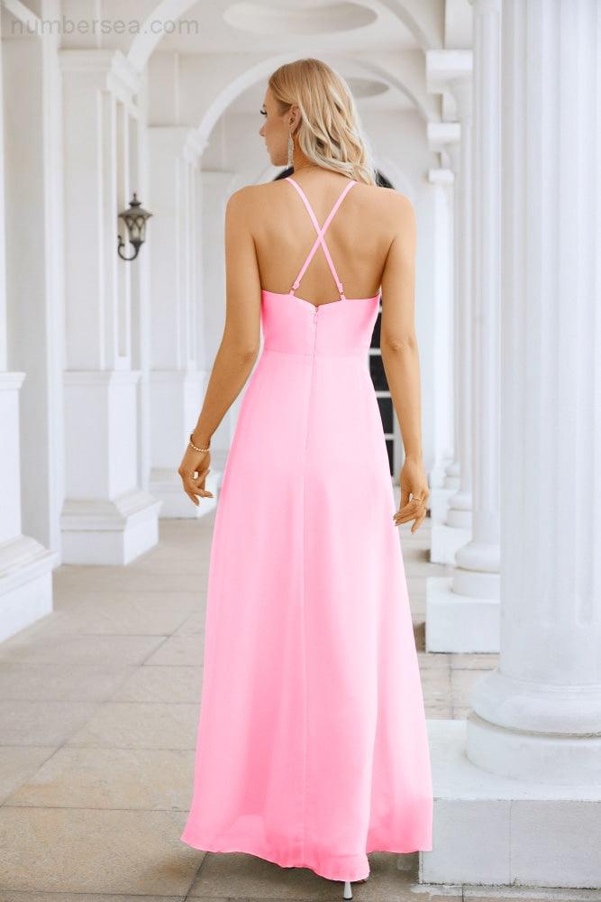Ladies Chiffon Spaghetti Strap V Neck Front Slit Floor Length Bridesmaid Evening Dress Prom Party Wedding Evening Dress 28116-numbersea