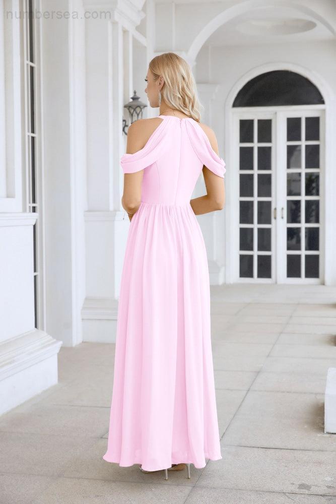 Ladies Chiffon Off Shoulder Swing Sleeve Front Slit Bridesmaid Evening Dress Wedding Party Evening Dress 28117-numbersea