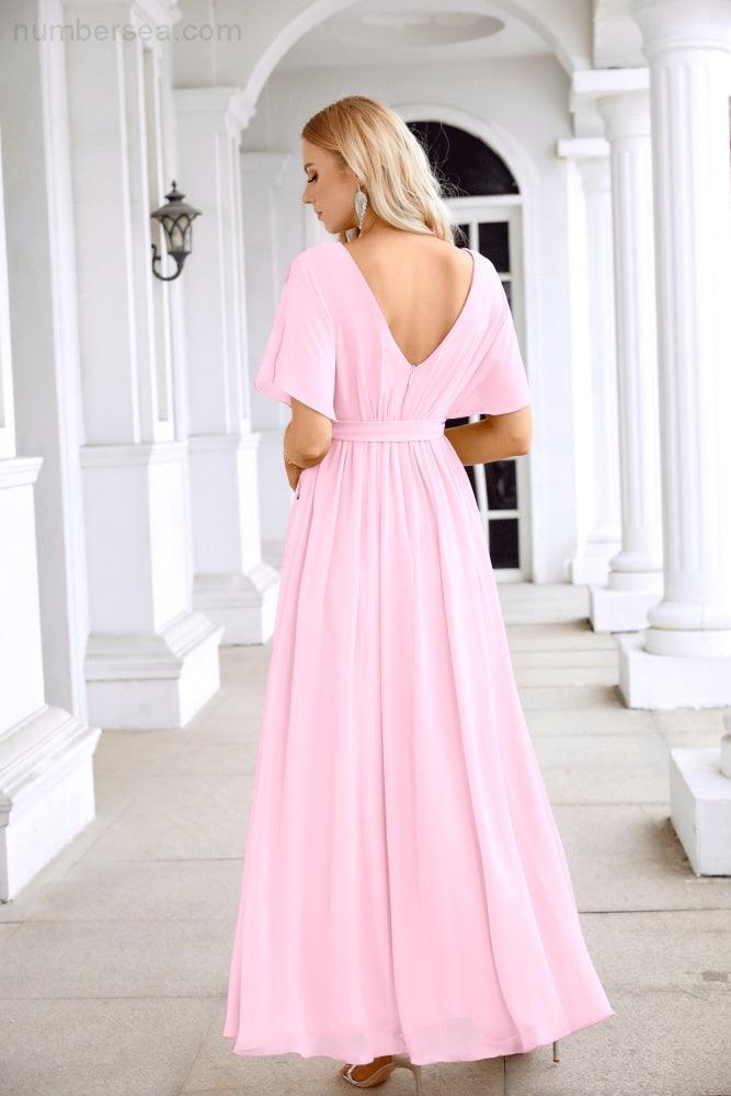 Ladies Chiffon Sleeve Crew Neck Front Slit Floor Length Bridesmaid Evening Dress Wedding Party Evening Dress 28124-numbersea