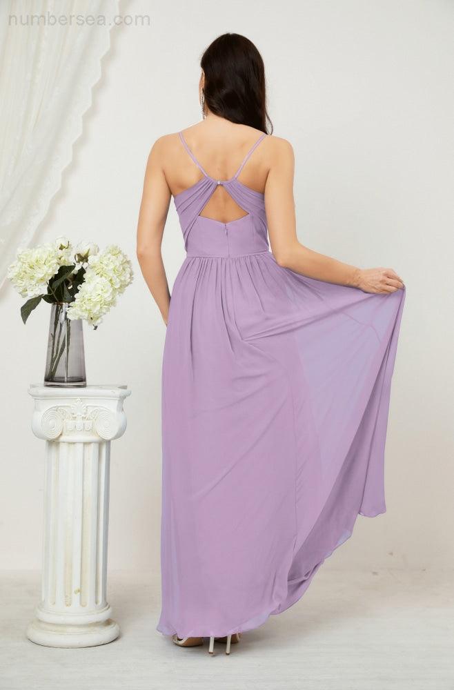 Numbersea Neck Bridesmaid Dresses Chiffon Long Spaghetti A-line Formal Prom Gown for Wedding Party Evening 2801-numbersea