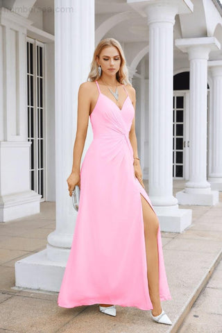 Ladies Chiffon Spaghetti Strap V Neck Front Slit Floor Length Bridesmaid Evening Dress Prom Party Wedding Evening Dress 28116-numbersea