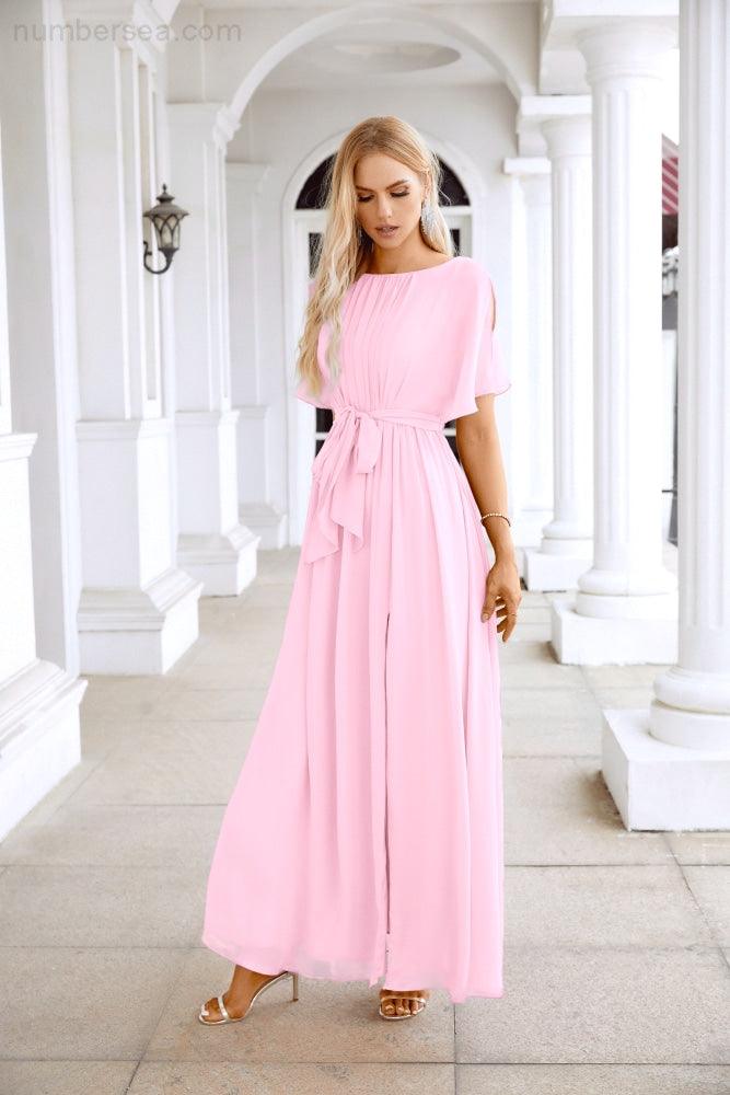 Ladies Chiffon Sleeve Crew Neck Front Slit Floor Length Bridesmaid Evening Dress Wedding Party Evening Dress 28124-numbersea