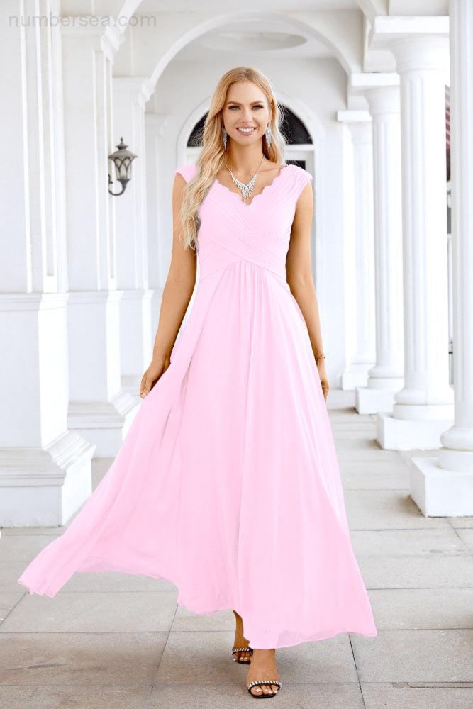 Ladies Chiffon V Neck Sleeveless Floor Length Bridesmaid Evening Dress Wedding Party Evening Dress 28126-numbersea