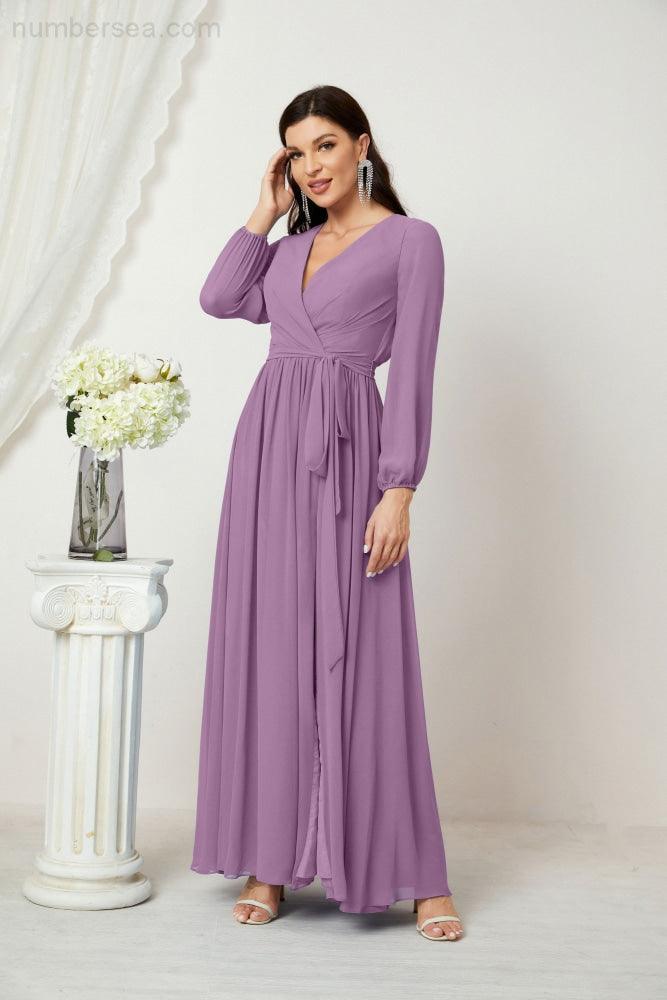 Numbersea Evening Dresses Deep V-Neck Chiffon Bridesmaid Dresses Long Bishop Sleeve Side Split Formal Dress 2806-numbersea
