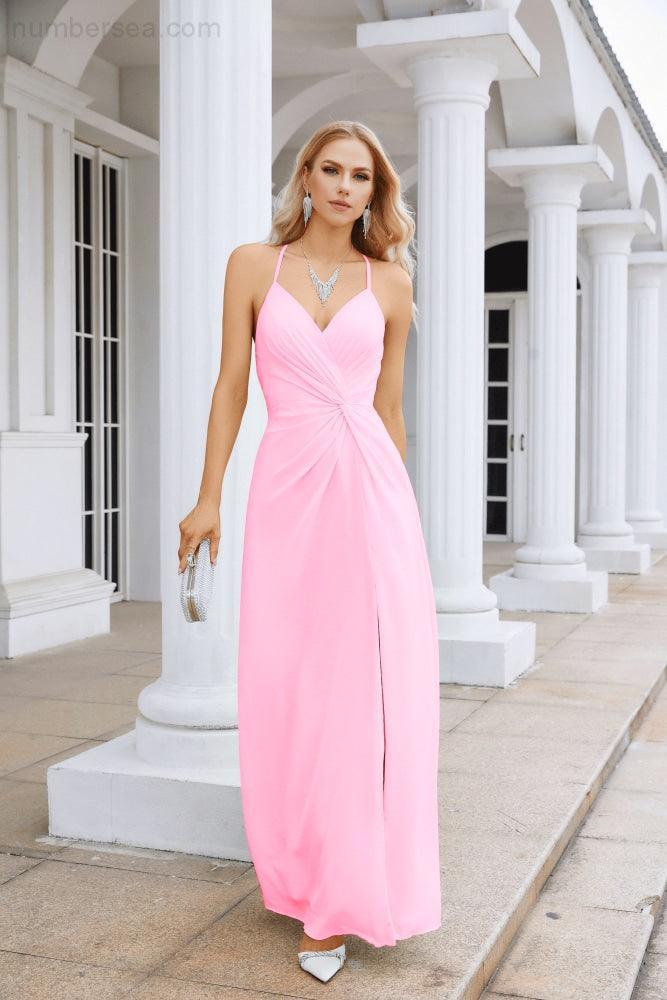 Ladies Chiffon Spaghetti Strap V Neck Front Slit Floor Length Bridesmaid Evening Dress Prom Party Wedding Evening Dress 28116-numbersea