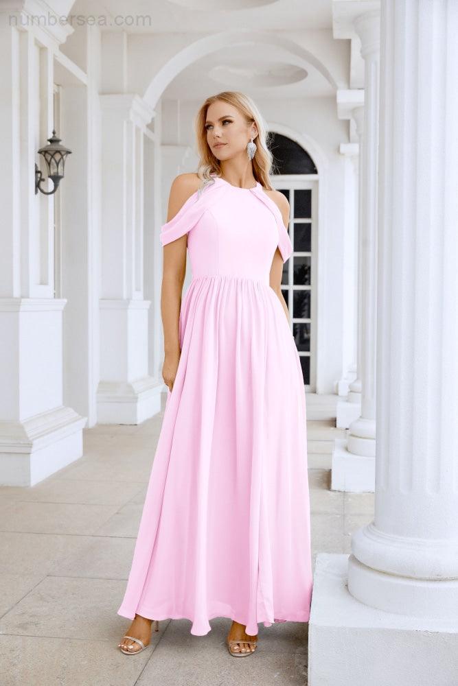 Ladies Chiffon Off Shoulder Swing Sleeve Front Slit Bridesmaid Evening Dress Wedding Party Evening Dress 28117-numbersea