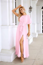Ladies Chiffon Sleeve Crew Neck Front Slit Floor Length Bridesmaid Evening Dress Wedding Party Evening Dress 28124-numbersea