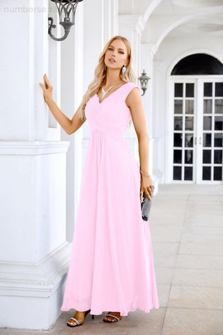 Ladies Chiffon V Neck Sleeveless Floor Length Bridesmaid Evening Dress Wedding Party Evening Dress 28126-numbersea