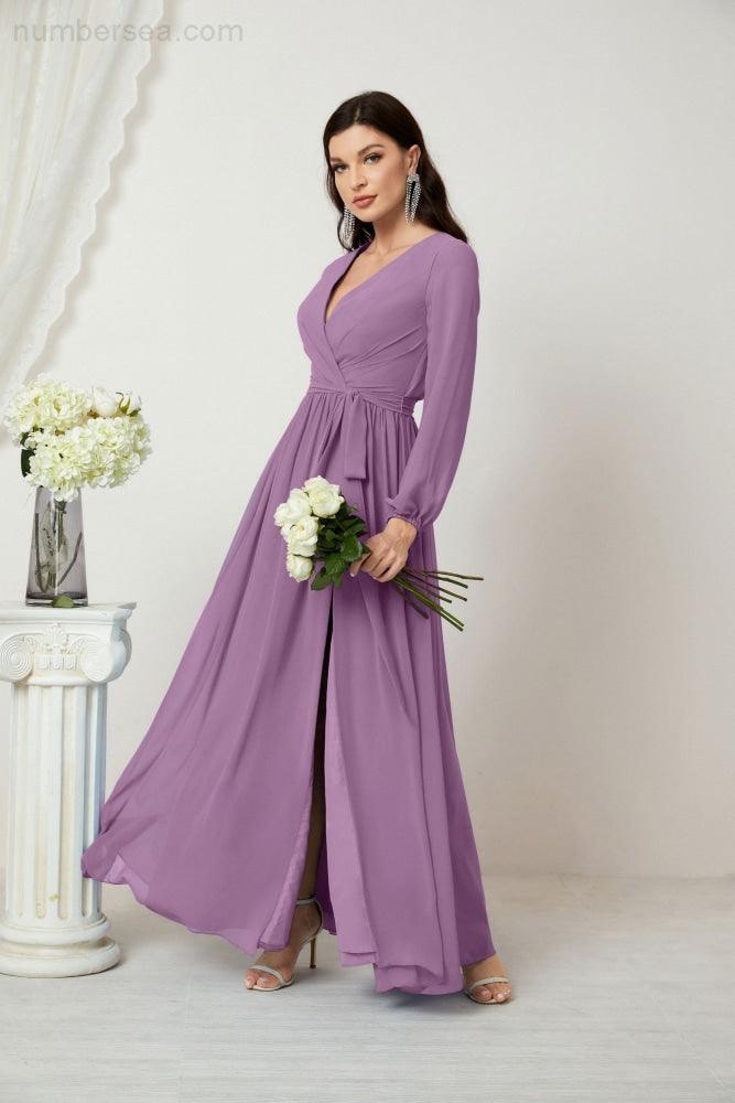 Numbersea Evening Dresses Deep V-Neck Chiffon Bridesmaid Dresses Long Bishop Sleeve Side Split Formal Dress 2806-numbersea