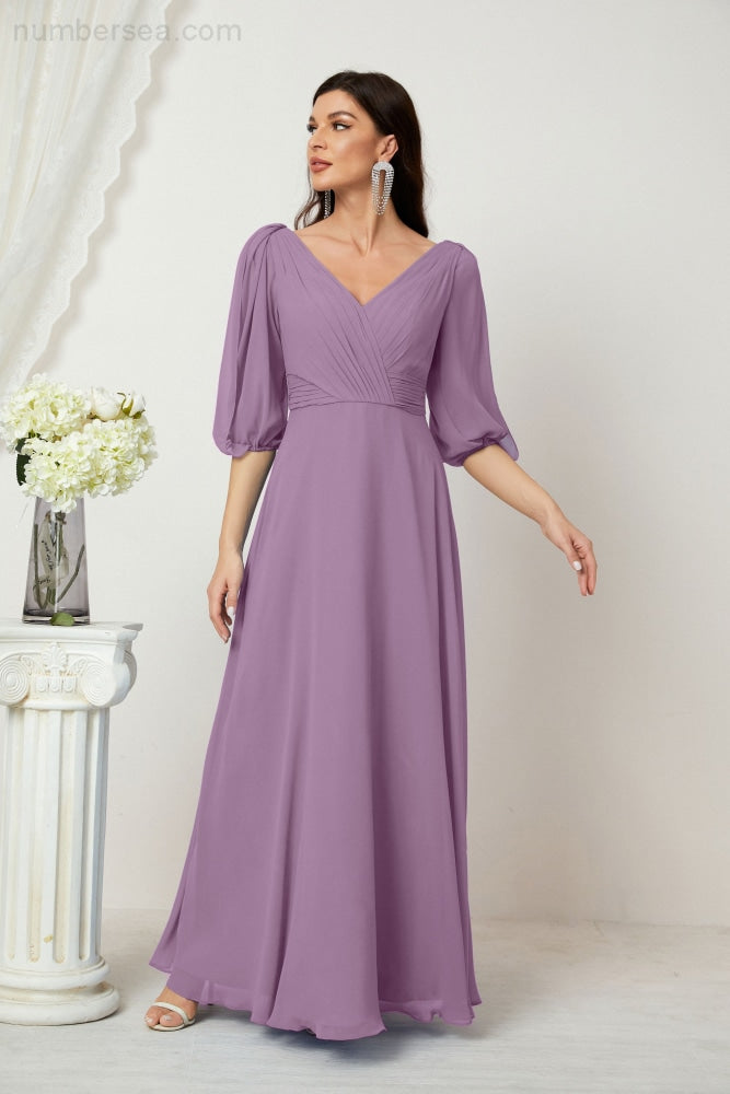 Numbersea Formal Prom Gown Women V-Neck Chiffon Bridesmaid Dresses Long Bishop Sleeve Party Dres