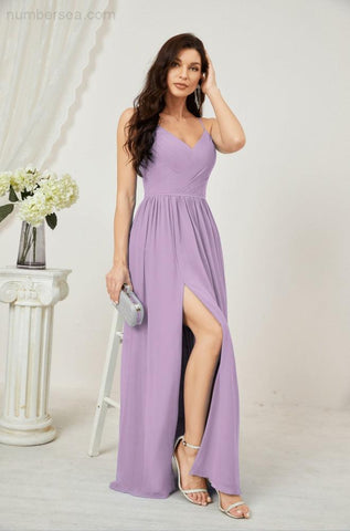 Numbersea Neck Bridesmaid Dresses Chiffon Long Spaghetti A-line Formal Prom Gown for Wedding Party Evening 2801-numbersea