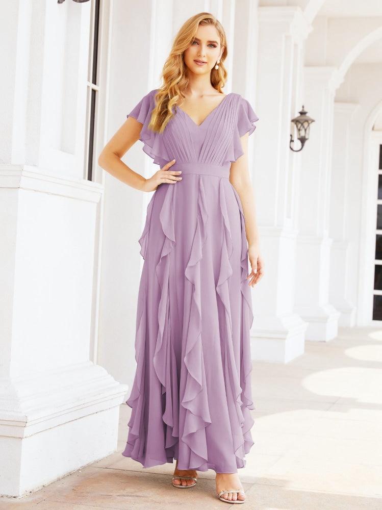 Ruffled Bridesmaid Dresses with Sleeves Long Formal Party Dress 28041-numbersea