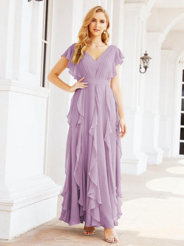 Ruffled Bridesmaid Dresses with Sleeves Long Formal Party Dress 28041-numbersea