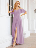 Numbersea Cold Shoulder Long Bridesmaid Dresses Side Slit Formal Prom Gowns Party Wedding 28070-numbersea