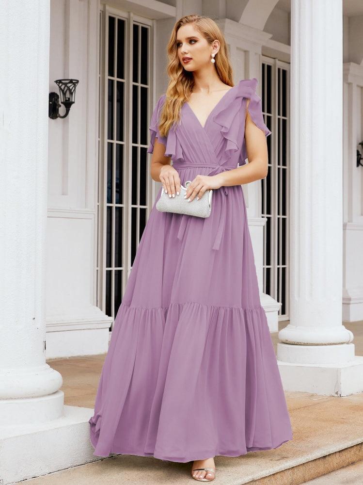 Numbersea Women's Open Back Formal Evening Party Prom Gowns V-Neck Long Chiffon Bridesmaid Dresses with Waist Belt 28038-numbersea