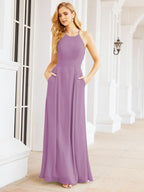 Numbersea Halter Bridesmaid Dresses with Pockets Sleeveless Formal Evening Party Prom Gowns 28055-numbersea